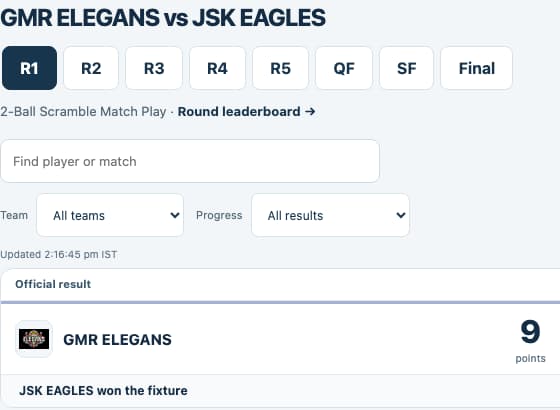 Golforb demonstration match interface with round navigation and a team result summary.