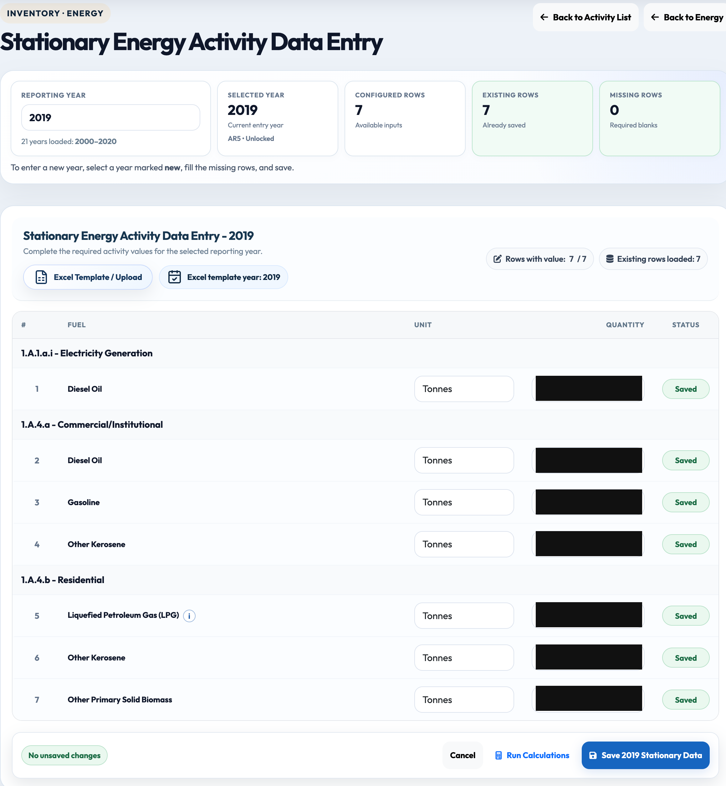 Stationary Energy entry screen with reporting year 2019, AR5 methodology, IPCC category groups, fuel and unit fields, and saved-row status.