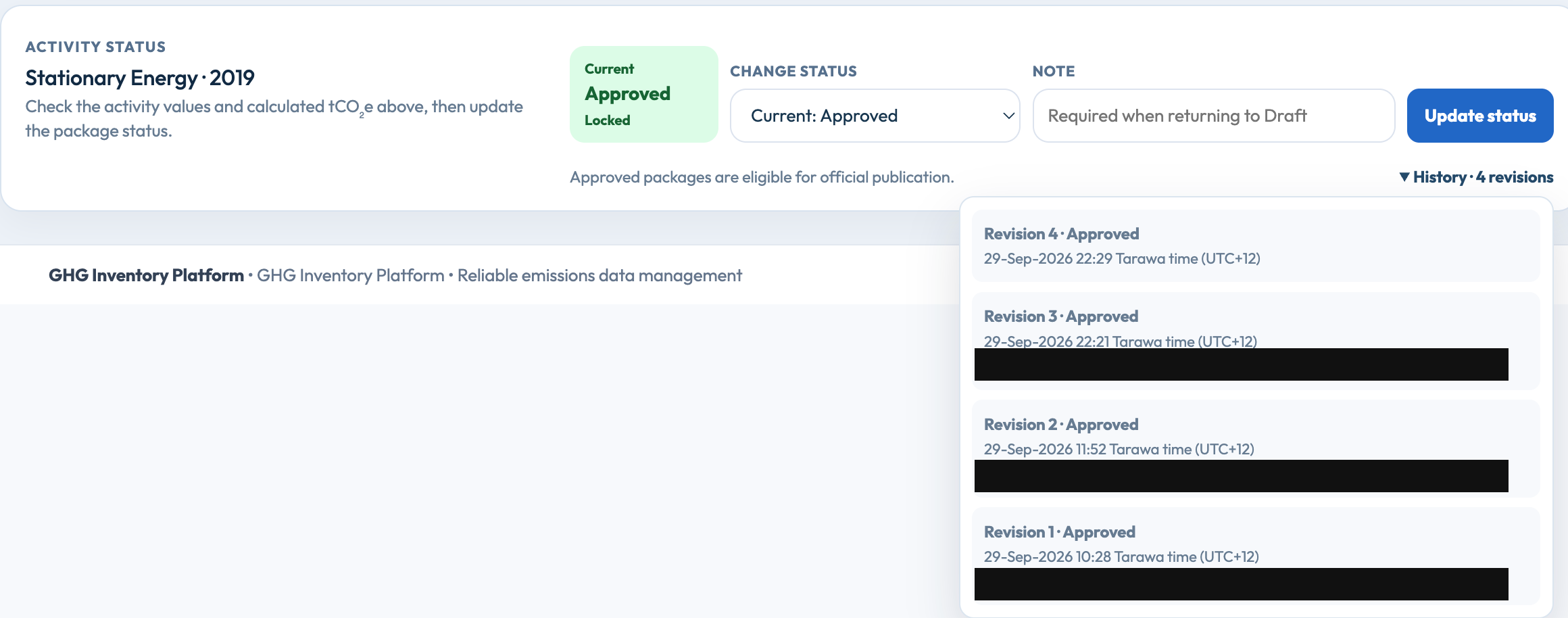 Stationary Energy 2019 package marked Approved and Locked, alongside a history of four revisions.